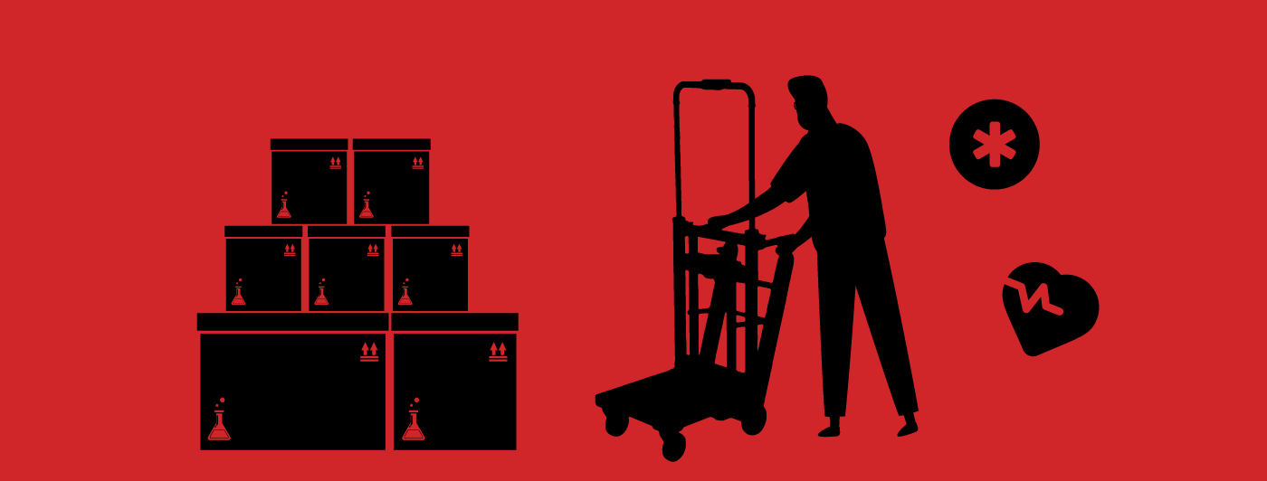 A person holdings a hand truck ready to load boxes with medical products